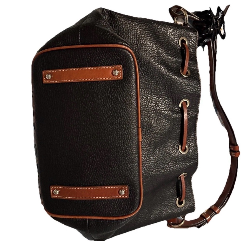 Dooney & Bourke Black Pebbled Leather Drawstring Bucket Bag with Brown Trim - Picture 6 of 11